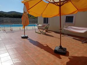 chez Sylvie et Alain的一个带两把遮阳伞和游泳池的庭院
