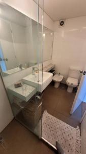 蒙得维的亚Precioso apartamento en moderno edificio的一间带水槽、卫生间和镜子的浴室