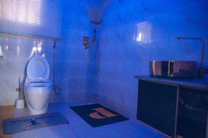 GwarinpaSomewhere Apartment的蓝色的浴室设有卫生间和淋浴。