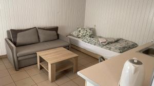 拉齐布日Kemping Obora的带沙发和桌子的小客厅