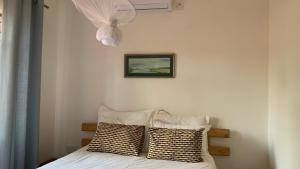 卡萨内Plateau Home的一间卧室配有一张带两个枕头的床和风扇