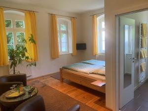 格尔利茨Loensches Gut的一间卧室设有一张床和两个窗户。