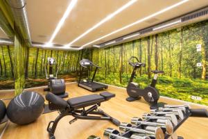 库尔ABC瑞士优质酒店的一间拥有一堵树墙的健身室