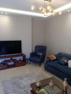 Sheikh Zayedبيفرلي هيلز ويست تاون الشيخ زايد的客厅配有2张蓝色沙发和电视