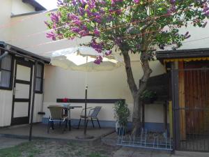 黑灵斯多夫Ferienwohnung Gaertner的庭院里设有桌子和种有紫色花卉的树