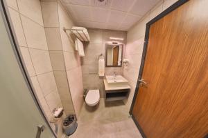 安卡拉BUKAVİYYE HOTEL的一间带卫生间、水槽和门的浴室