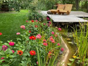 柏林附近贝尔瑙Gut Leben Landresort的花园内种有鲜花,木甲板上设有长凳