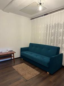 阿尔杰什河畔库尔泰亚Casa Eroilor的客厅配有一张蓝色的沙发,配有一张桌子