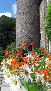 多尔德布列塔尼Manoir de l'Angélus的砖塔前的一束鲜花