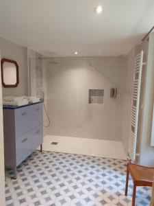 多尔德布列塔尼Manoir de l'Angélus的带淋浴的浴室和瓷砖地板。