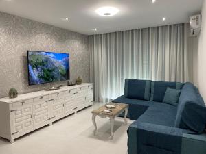 甘迪亚La fuente的客厅配有蓝色的沙发和平面电视。