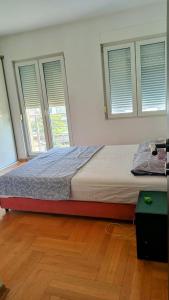 波德戈里察Central Home的带3扇窗户的客房内的一张大床