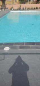 科斯塔德安提瓜Villa Costa Antigua的站在游泳池前的人的影子