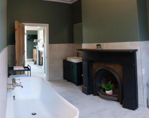 兰戈伦Riversdale House Bed & Breakfast的带浴缸的浴室和壁炉。