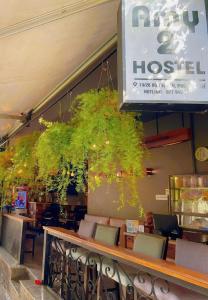 顺化Amy 2 Hostel Hue的挂在墙上的植物餐厅
