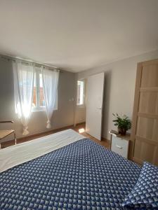 纳博讷La Maison de Jeanne的一间卧室配有一张带蓝色棉被的大床