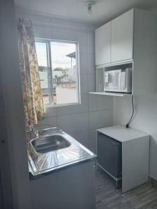 巴西利亚Apartamento Vila Telebrasilia的一个带水槽和窗户的小厨房