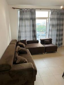 地拉那Apartment Astiri的客厅设有2张棕色沙发和1扇窗户