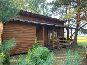 PociūnaiPociunai relax house的小木屋设有门廊和树木