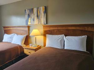 艾伯尼港Ocean Marina Hotel的酒店客房,设有两张床和一盏灯