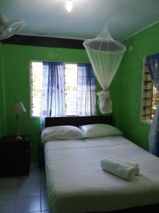 霍尼亚拉Island Home的一间卧室配有一张带绿色墙壁的床