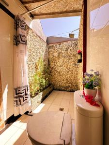 珀尼达岛Penida Hills的一间带卫生间和石墙的浴室