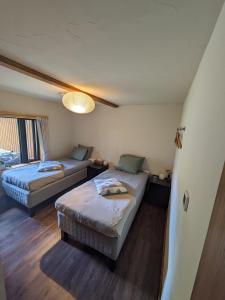 饭山市Japan Snowsports的小房间设有两张床和窗户