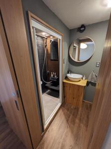 饭山市Japan Snowsports的一间带水槽和镜子的浴室