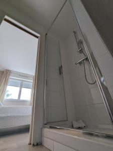 拉内斯泰尔Fuzei Hôtel Lorient-Lanester的带淋浴的浴室,带窗户