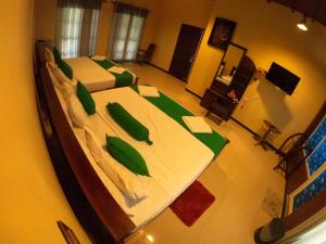 贝里胡罗亚Mount Seven Holiday Inn的卧室享有带两张绿色枕头的床的卧室的景致。