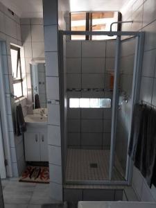 塞吉菲尔德Paradise Lake flats的带淋浴的浴室和玻璃门