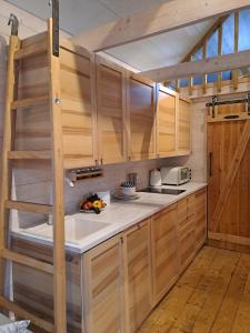 赫尔Bursztynowe Domki w Helu的一个带木制橱柜和梯子的厨房