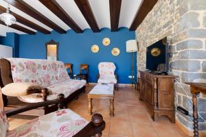 博尔塔纳Casa Dieste Apartamentos Turísticos en Boltaña的客厅设有蓝色的墙壁和石制壁炉。