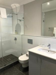 开普敦Romney Park Luxury Apartments的浴室配有卫生间、盥洗盆和淋浴。