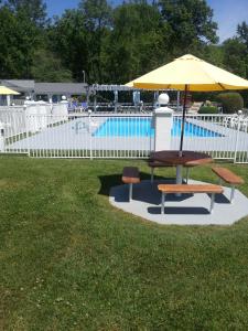 富兰克林卡罗来纳汽车旅馆的游泳池旁带遮阳伞的野餐桌