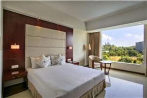 库克斯巴扎Ocean Paradise Hotel and Resort的一间卧室设有一张大床和一个大窗户