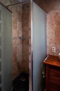 蒙斯Villa spacieuse et accueillante的浴室里设有玻璃门淋浴