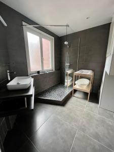 敦刻尔克Appartement 6/8 pers Plage à 10min NETFLIX的浴室配有卫生间、盥洗盆和淋浴。