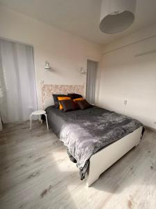 敦刻尔克Appartement 6/8 pers Plage à 10min NETFLIX的一间卧室配有一张带橙色枕头的大床