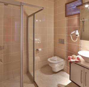 卡斯卡什库库卡奇酒店的带淋浴、卫生间和盥洗盆的浴室