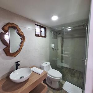 萨兰托Balcones del Ayer的一间带水槽、卫生间和镜子的浴室