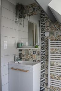 萨尔特河畔弗莱斯涅Maison rénovée Atoué loc的浴室设有白色水槽和镜子