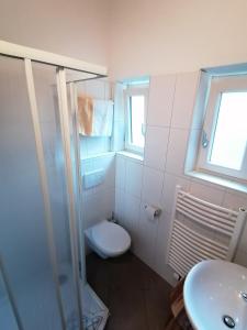 VilpianoPension Sunnhofer的浴室配有卫生间、淋浴和盥洗盆。