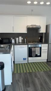 西布罗姆维奇Luxury apartment in dudley的一间厨房,配有白色家电和绿色地毯