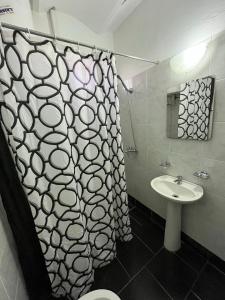 Rosario罗萨里奥酒店的浴室配有淋浴帘和盥洗盆。