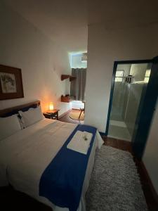 蒂拉登特斯Pousada Toro Real的一间卧室设有一张床和一个玻璃淋浴间