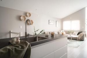 特罗姆瑟Arctic Homes - Unique Town House的一个带水槽的厨房和一间客厅