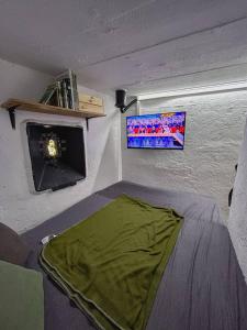 布拉迪斯拉发Vojenský bunker的一间设有床铺的客房,墙上配有电视