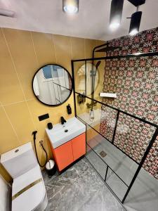 阿利坎特Elegante Apartamento TRES COLORES的一间带水槽、镜子和卫生间的浴室