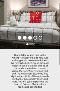 戈尔登The Cache Hotel and Lodgings的一张海报,为酒店客房设计,配有一张床和一个标志